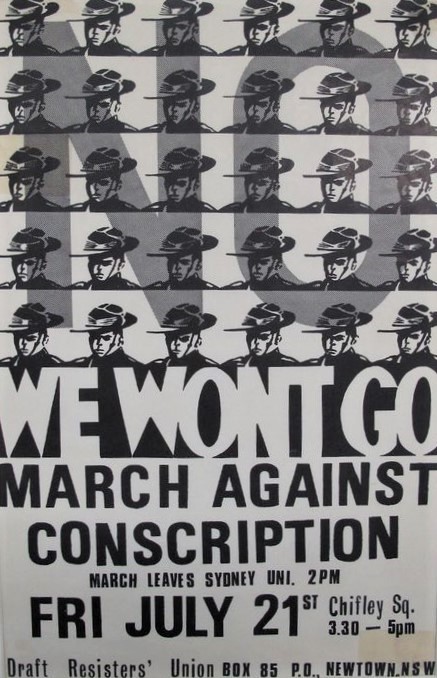 A poster from 1967 advertising a march against conscription for the Vietnam war, with a repeated image of a young soldier 